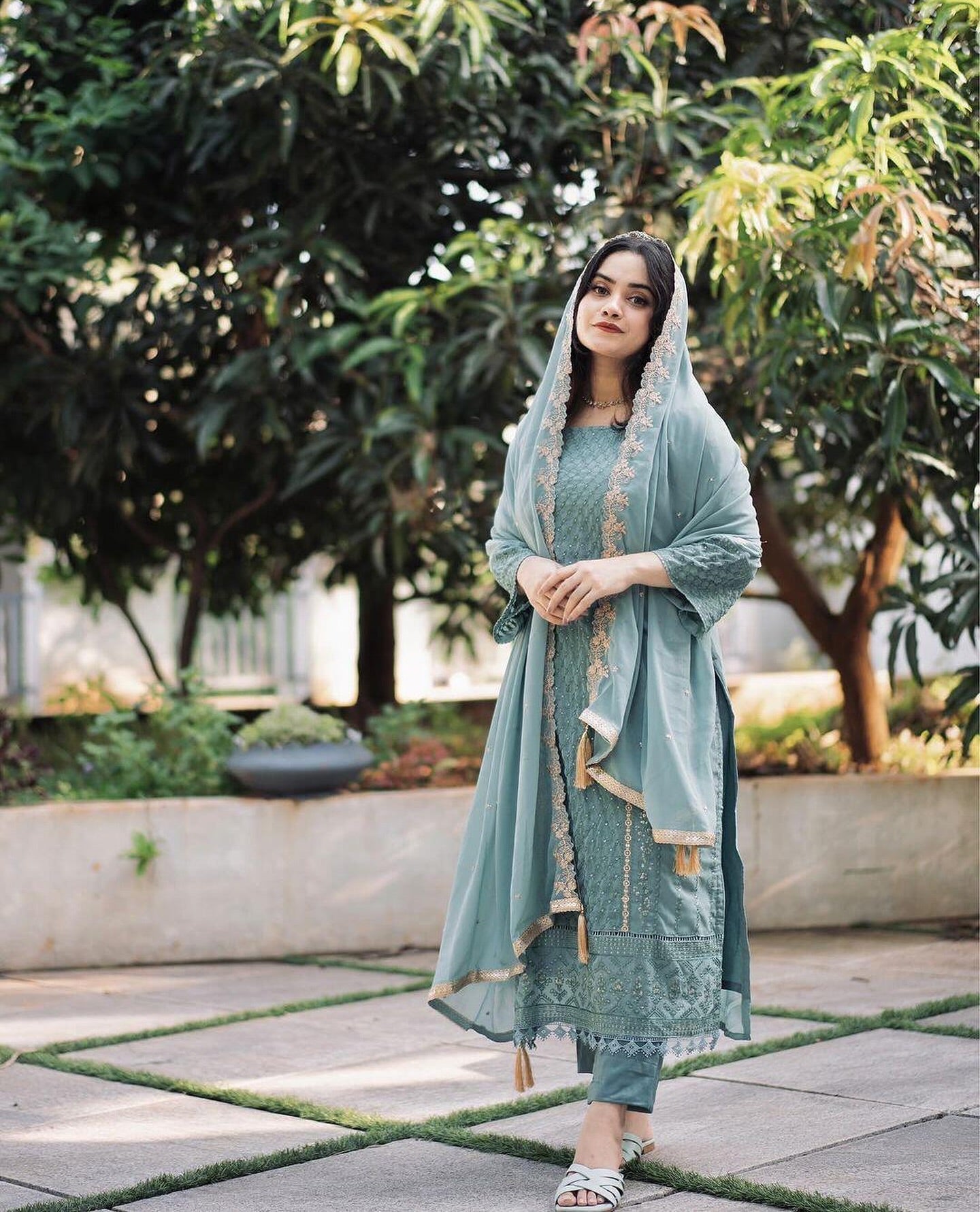 Sky Blue Embroidered Georgette Kurta Set