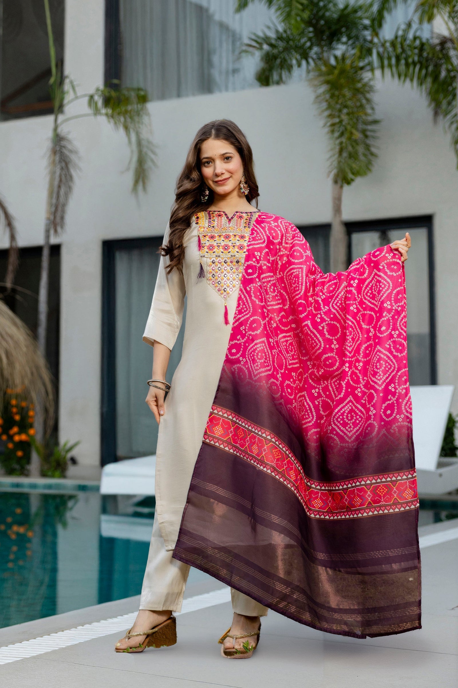 Cream Viscose Simmer Embroidered Kurti Set