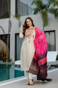 Cream Viscose Simmer Embroidered Kurti Set