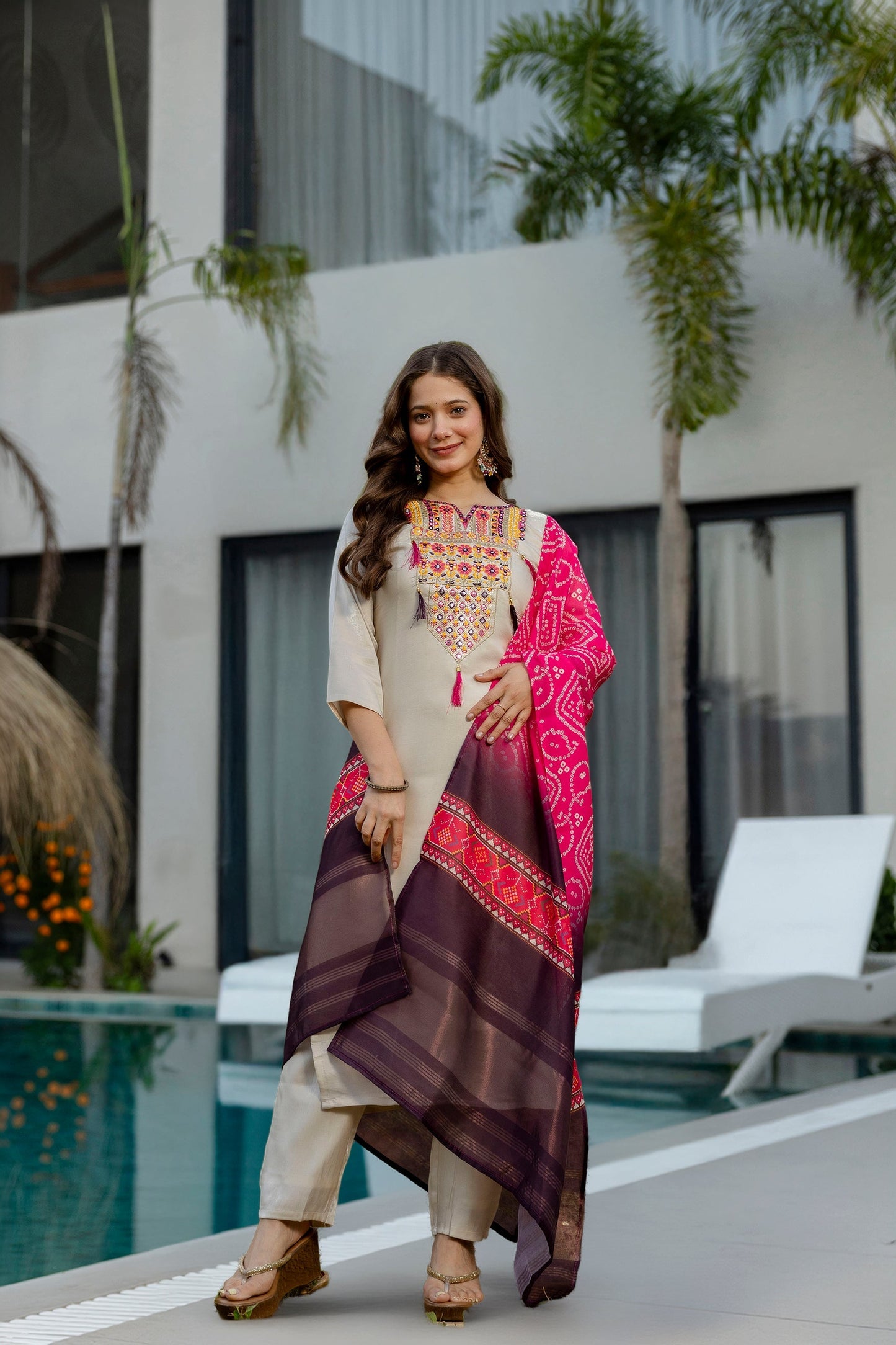 Cream Viscose Simmer Embroidered Kurti Set