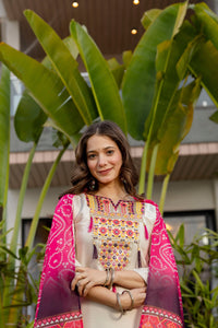 Cream Viscose Simmer Embroidered Kurti Set