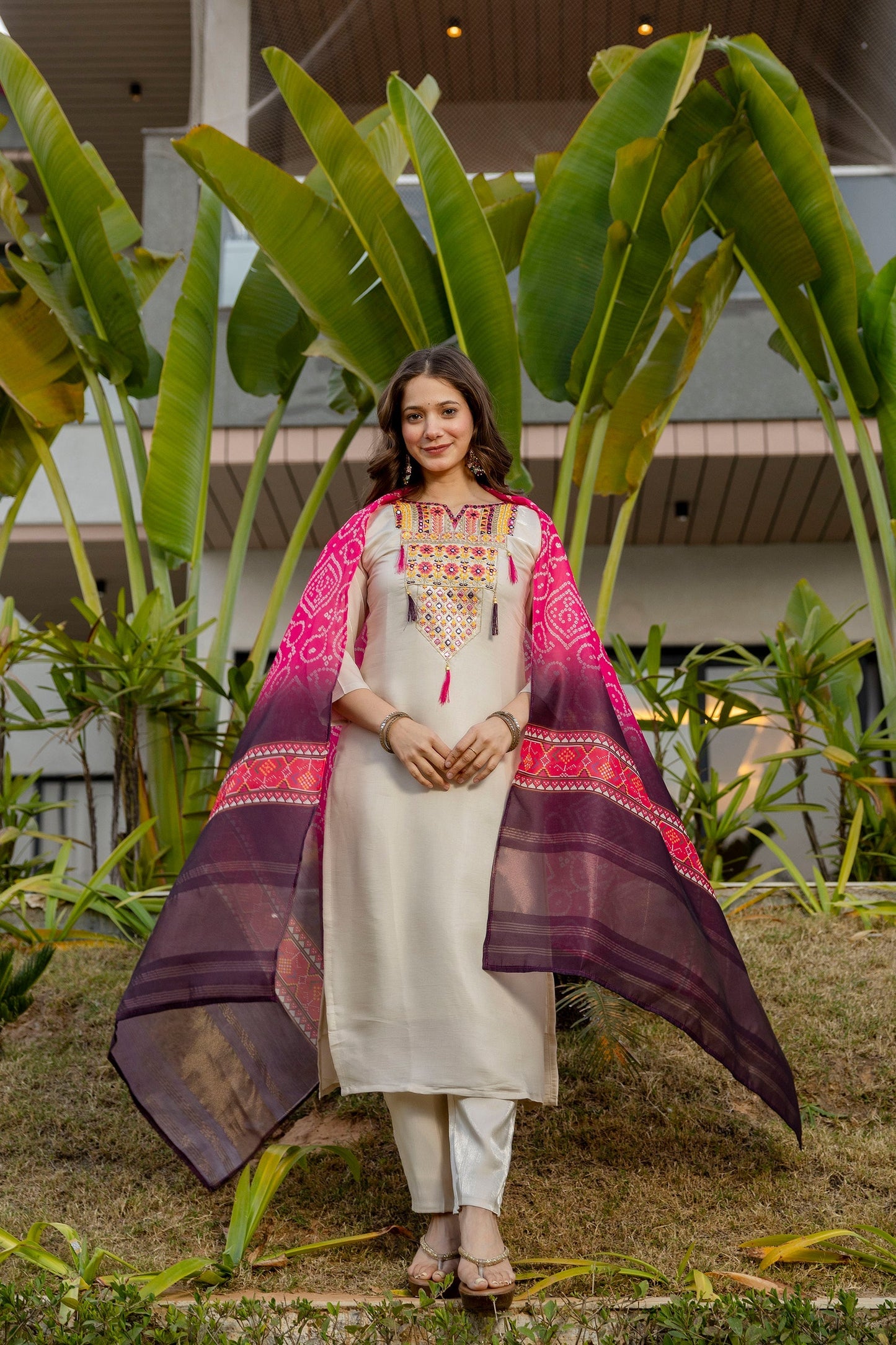 Cream Viscose Simmer Embroidered Kurti Set