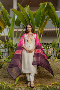 Cream Viscose Simmer Embroidered Kurti Set