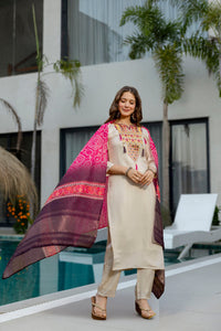 Cream Viscose Simmer Embroidered Kurti Set