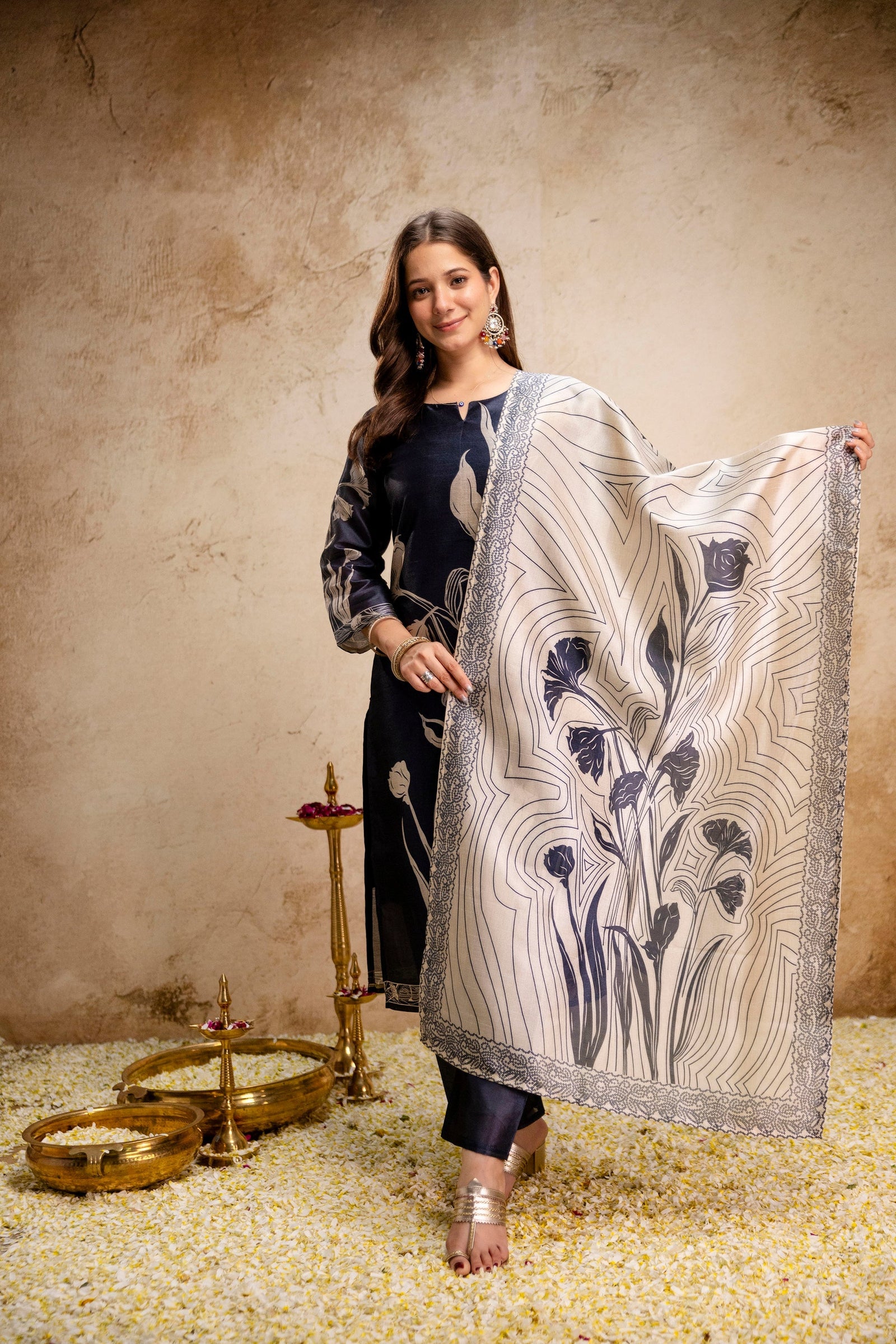 Navy Blue Floral Printed Soft Kurta Pant Set