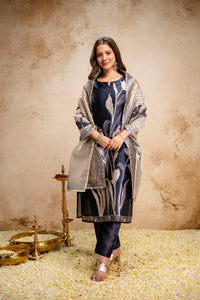 Navy Blue Floral Printed Soft Kurta Pant Set