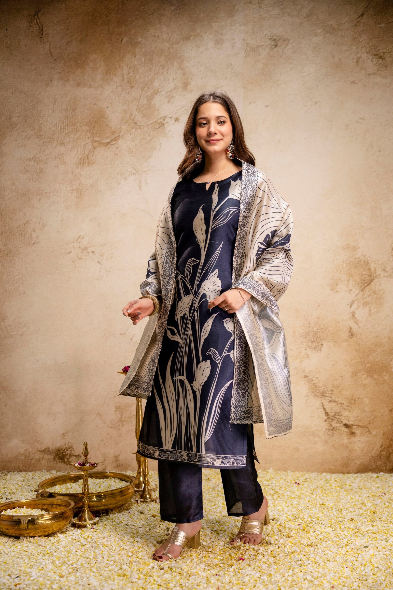 Navy Blue Floral Printed Soft Kurta Pant Set