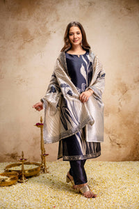 Navy Blue Floral Printed Soft Kurta Pant Set