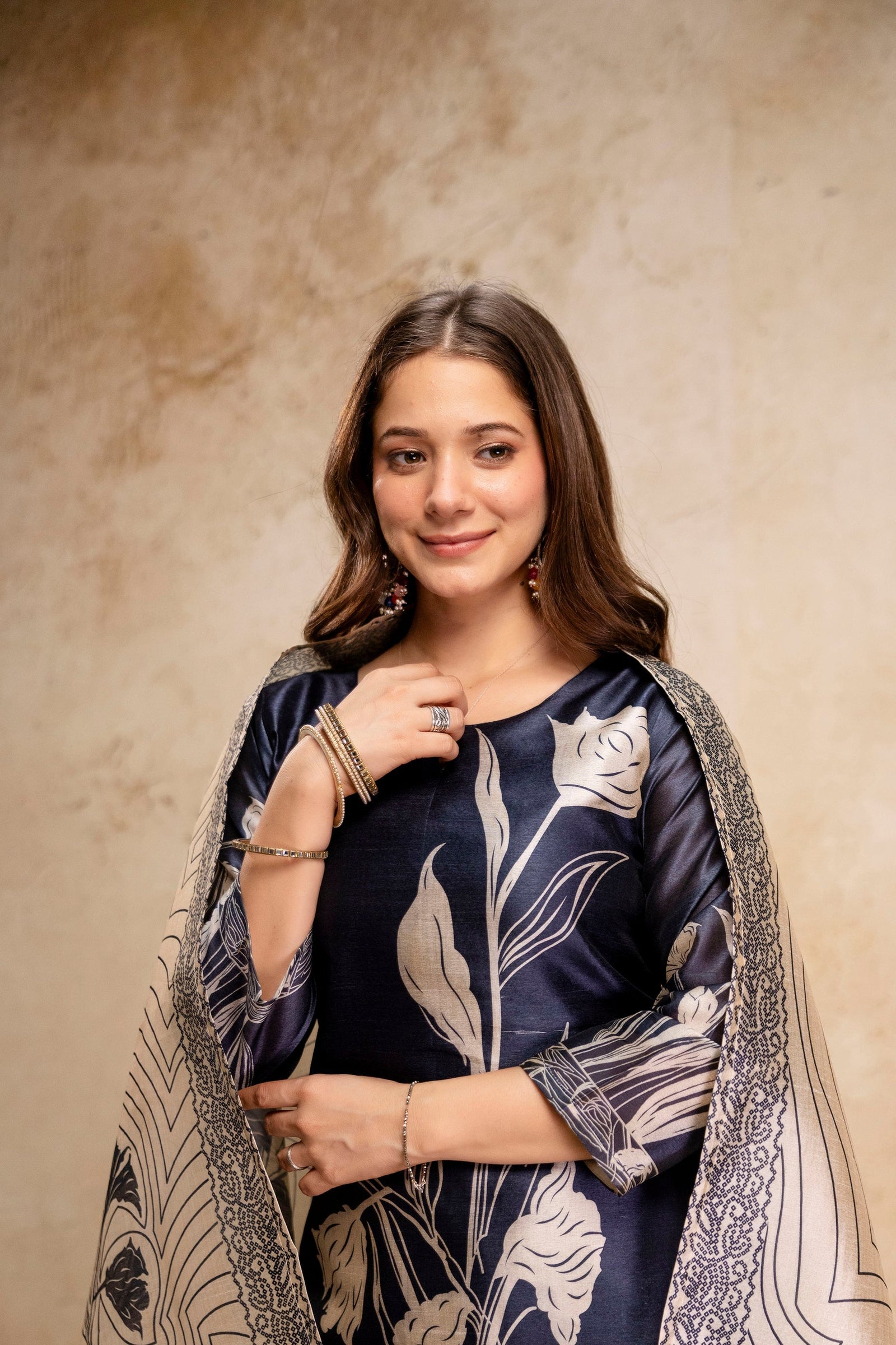 Navy Blue Floral Printed Soft Kurta Pant Set
