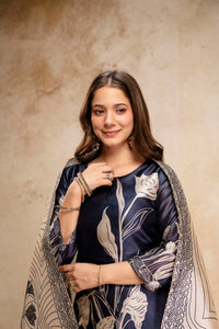 Navy Blue Floral Printed Soft Kurta Pant Set