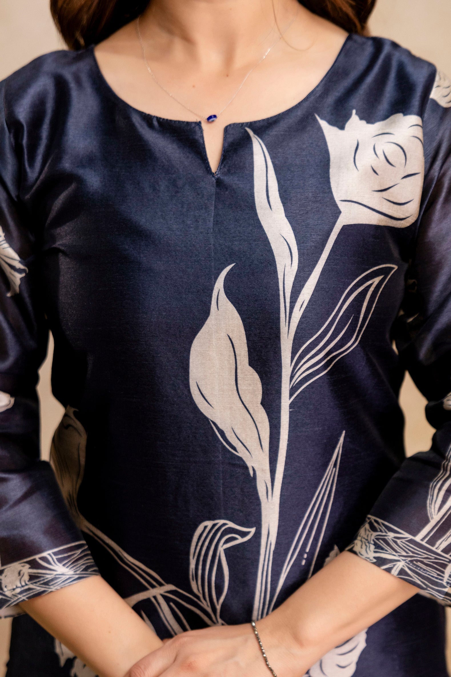 Navy Blue Floral Printed Soft Kurta Pant Set