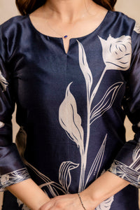 Navy Blue Floral Printed Soft Kurta Pant Set