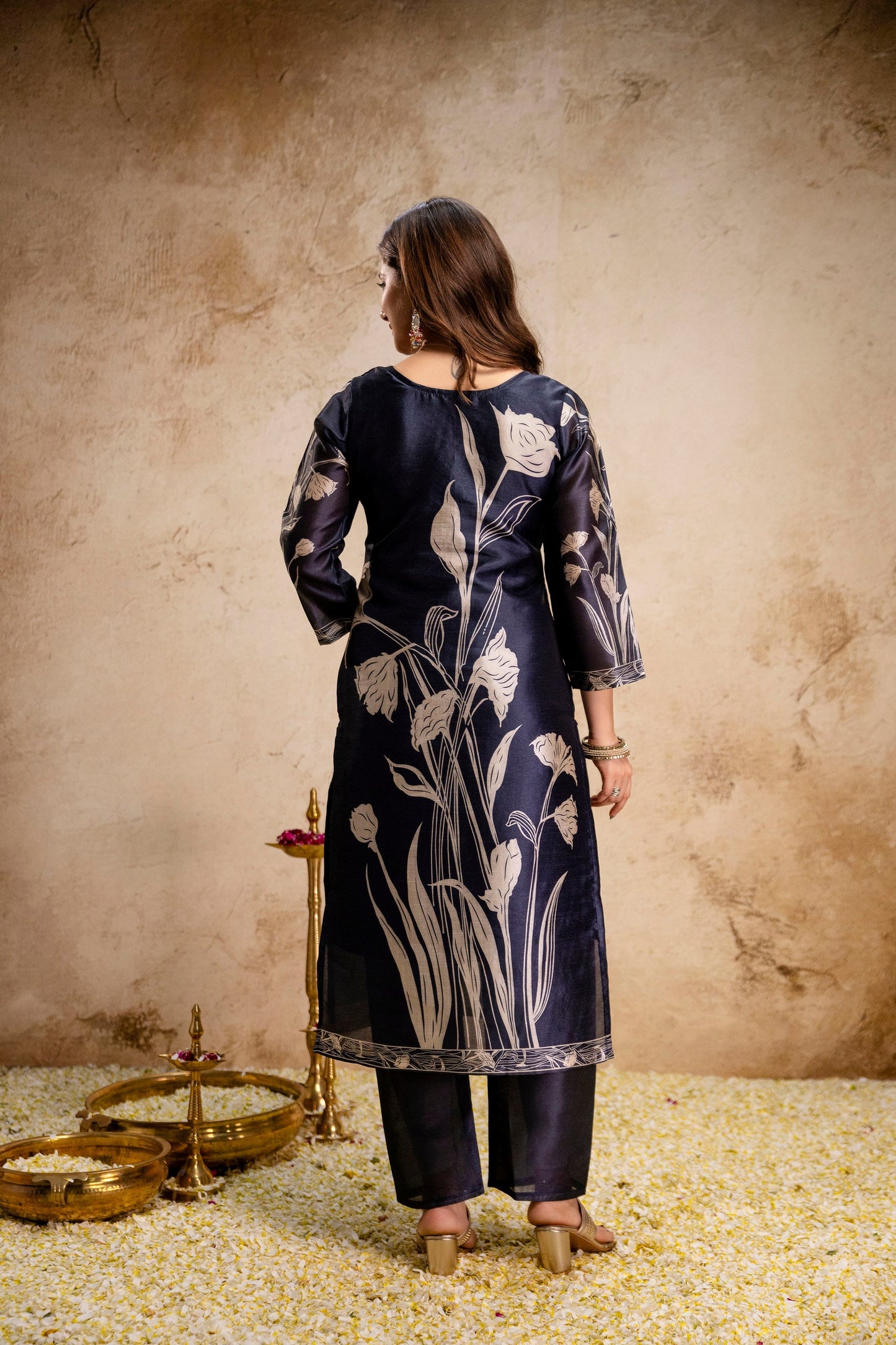 Navy Blue Floral Printed Soft Kurta Pant Set