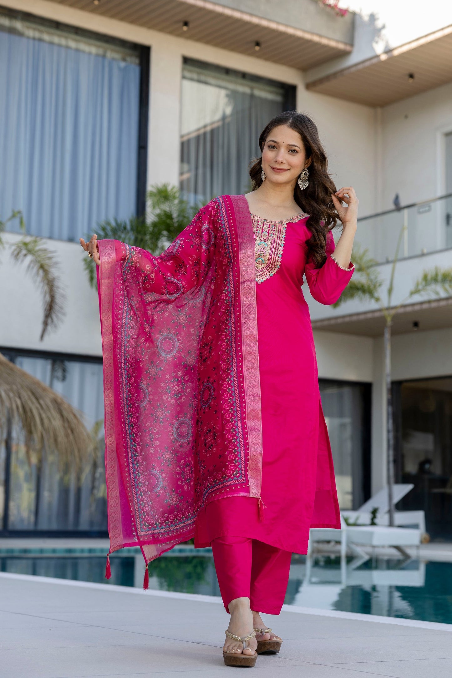 Pink Rani Chanderi Cotton Embroidered Kurti Set
