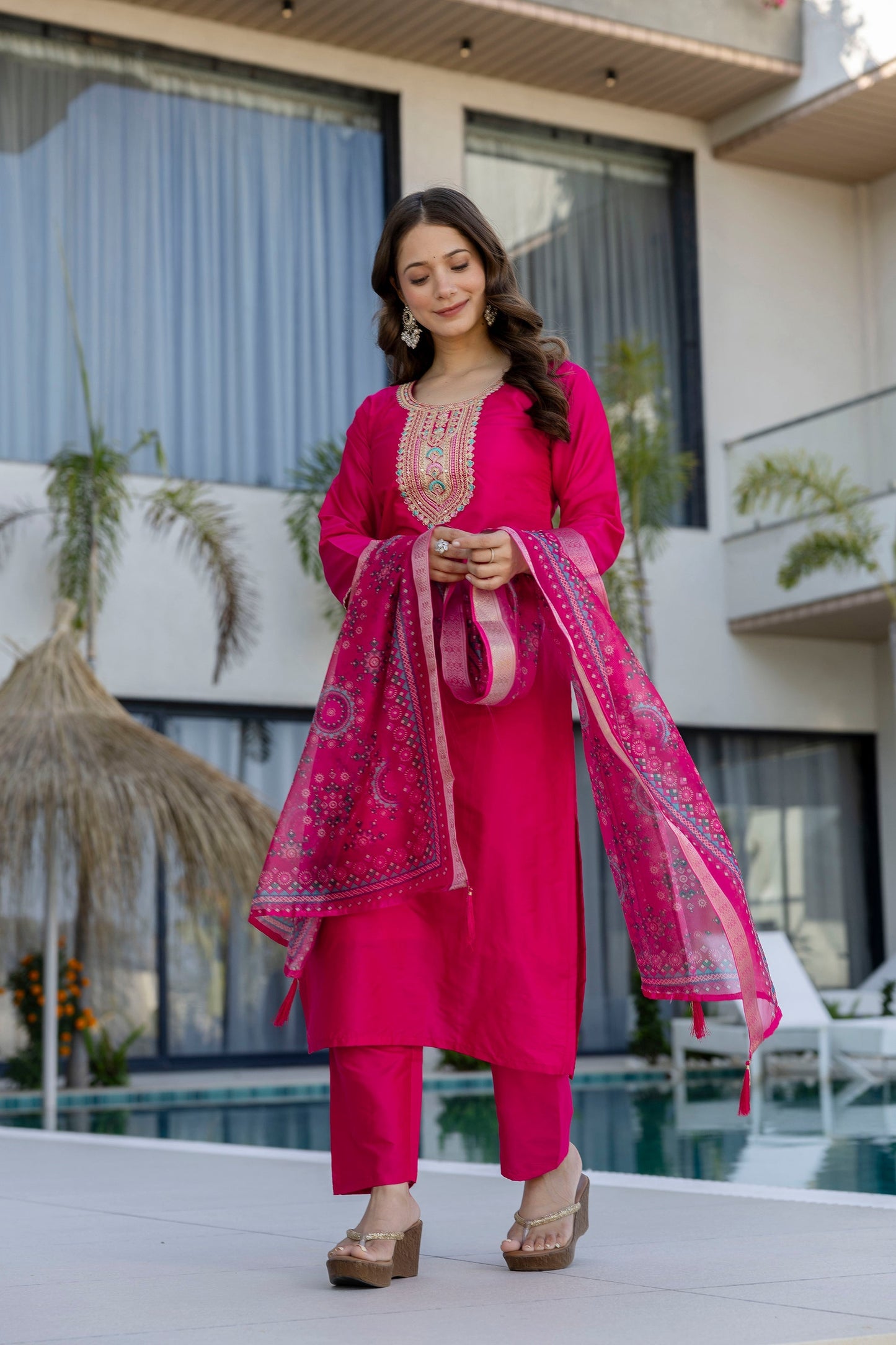 Pink Rani Chanderi Cotton Embroidered Kurti Set