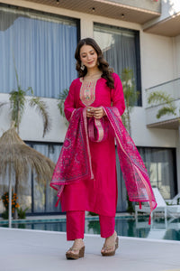 Pink Rani Chanderi Cotton Embroidered Kurti Set