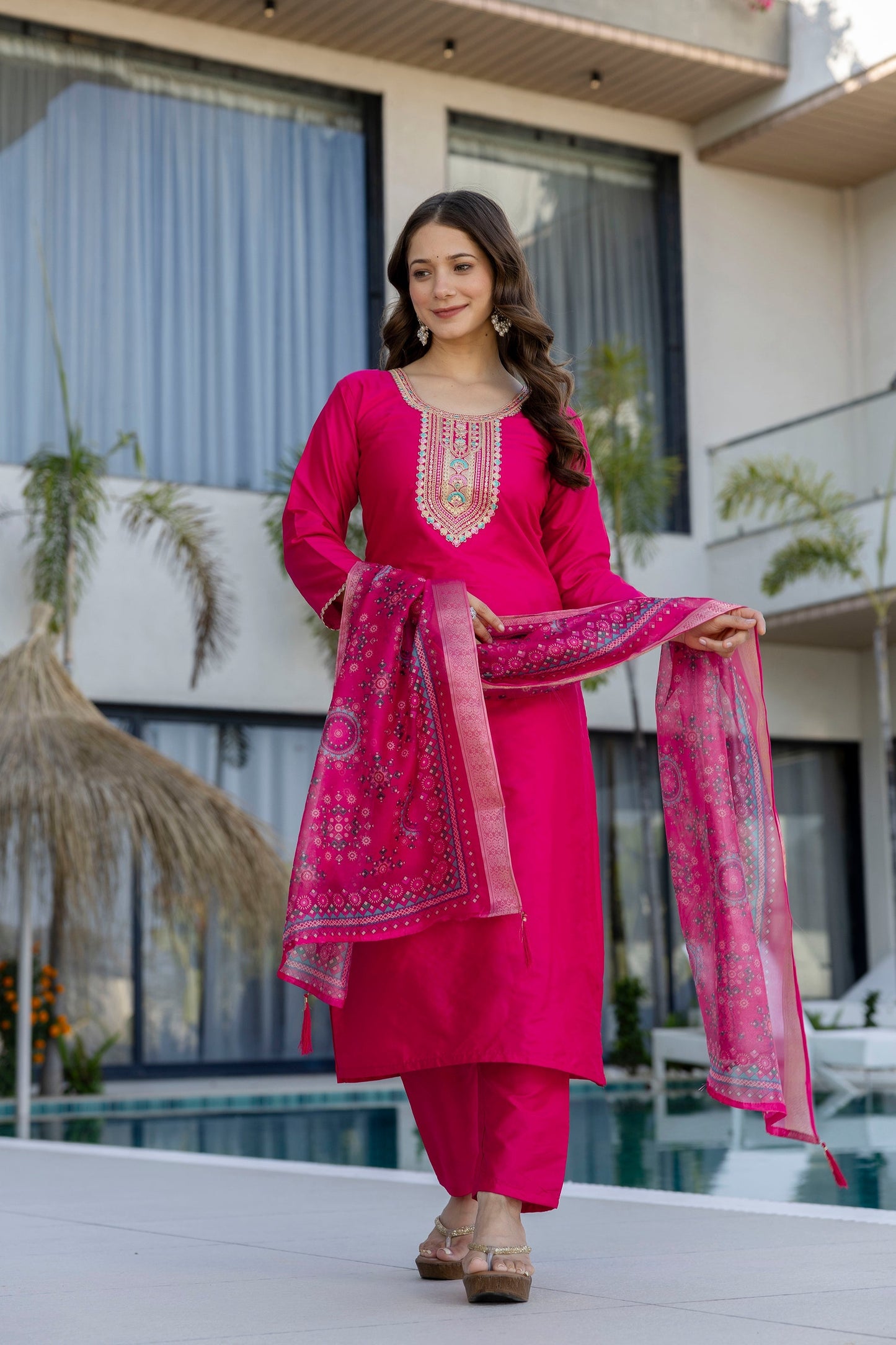 Pink Rani Chanderi Cotton Embroidered Kurti Set