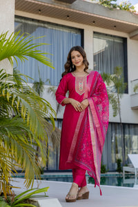 Pink Rani Chanderi Cotton Embroidered Kurti Set