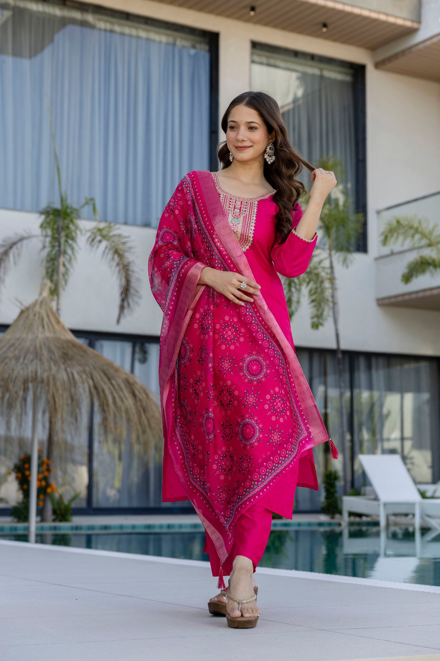 Pink Rani Chanderi Cotton Embroidered Kurti Set