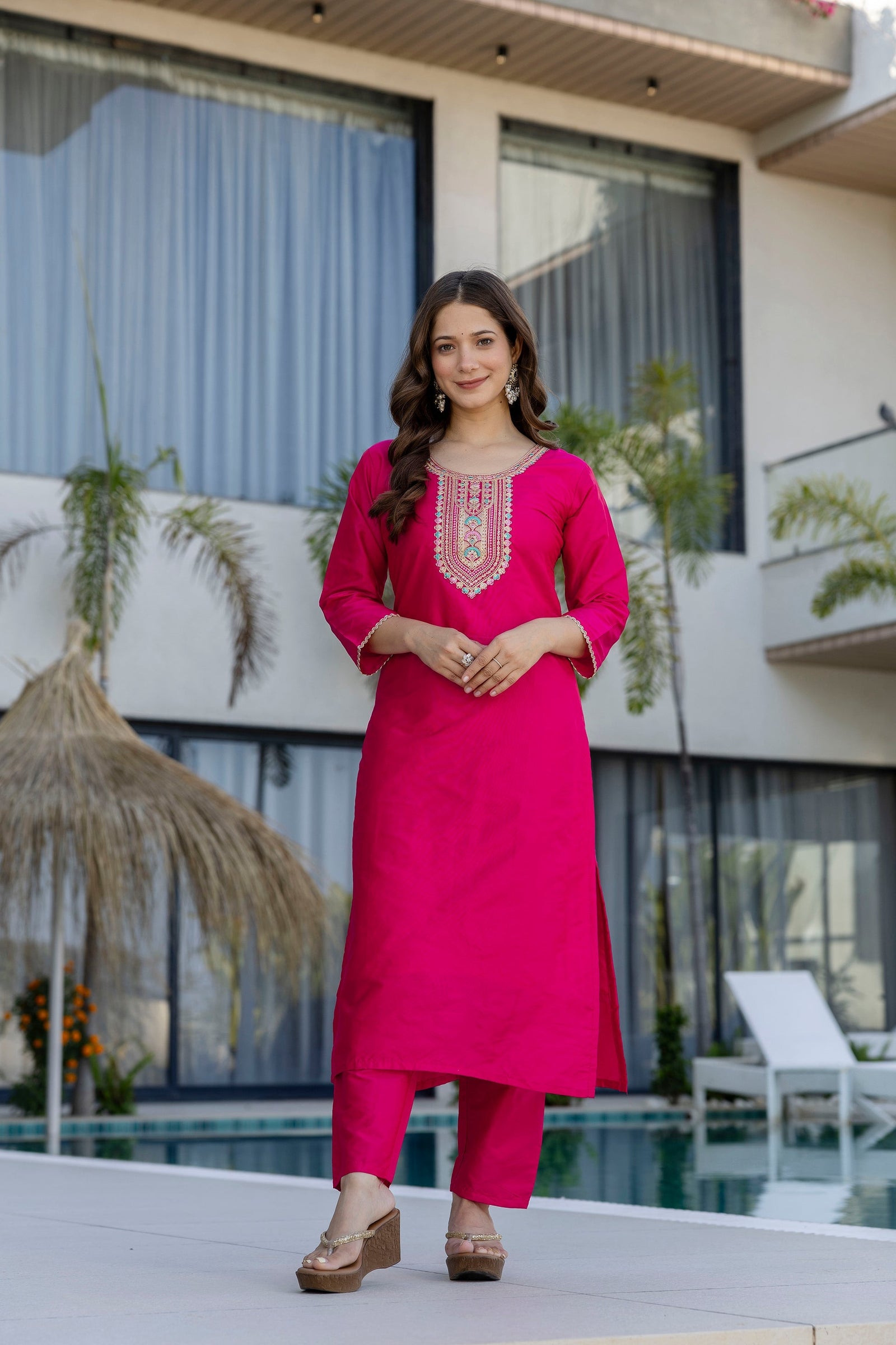 Pink Rani Chanderi Cotton Embroidered Kurti Set