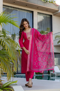 Pink Rani Chanderi Cotton Embroidered Kurti Set