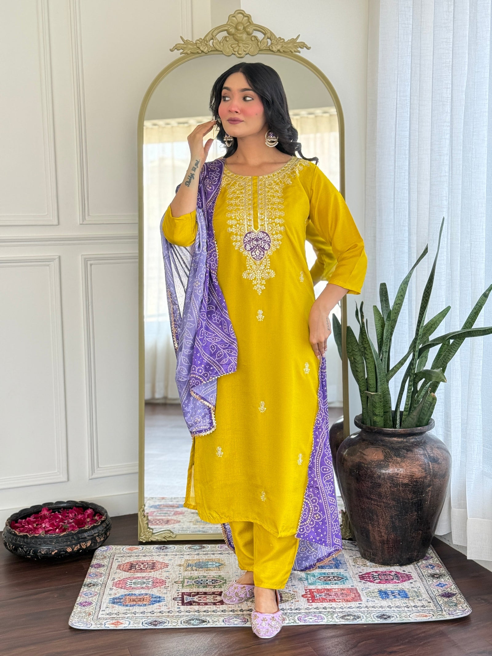 Mustard Yellow Embroidered Vichitra Silk Kurta Set