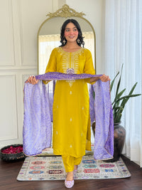 Mustard Yellow Embroidered Vichitra Silk Kurta Set