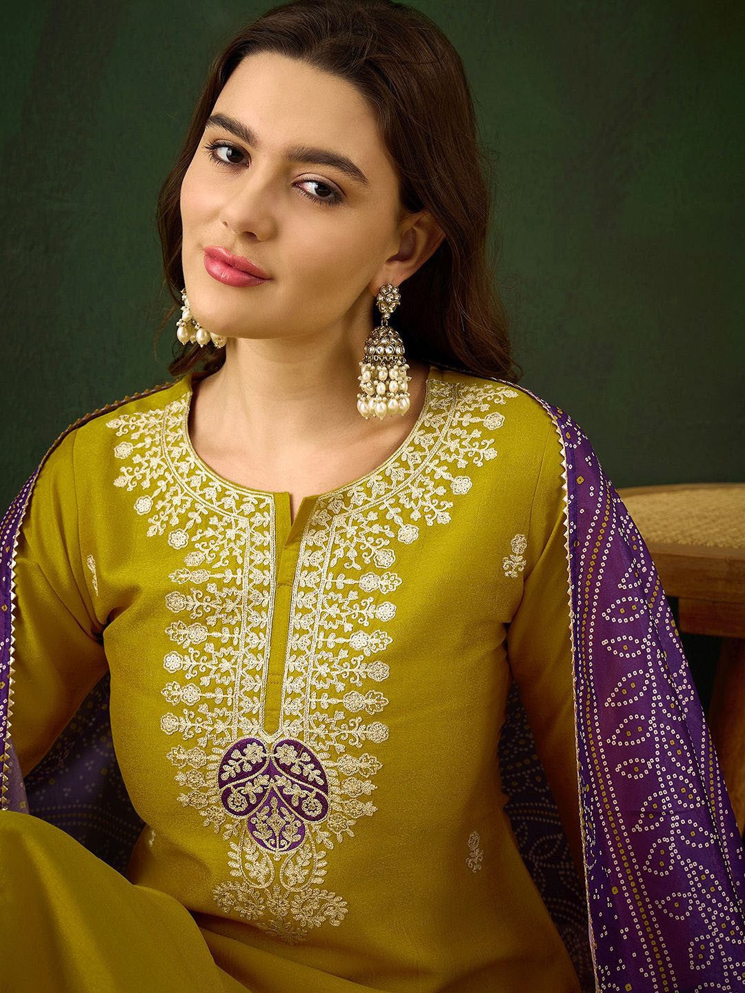 Mustard Embroidered Vichitra Silk Suit Set