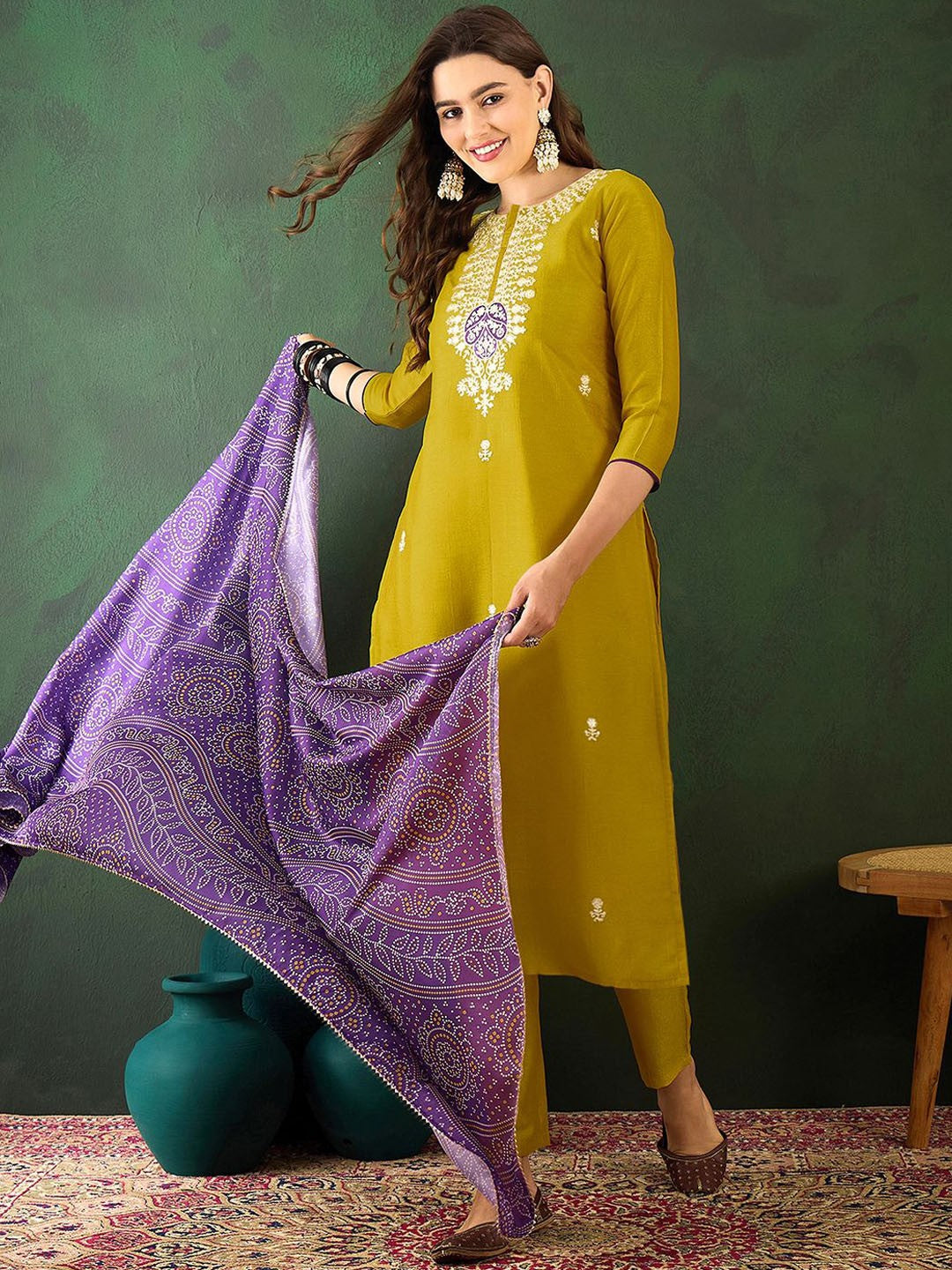 Mustard Embroidered Vichitra Silk Suit Set