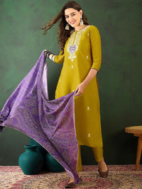 Mustard Embroidered Vichitra Silk Suit Set
