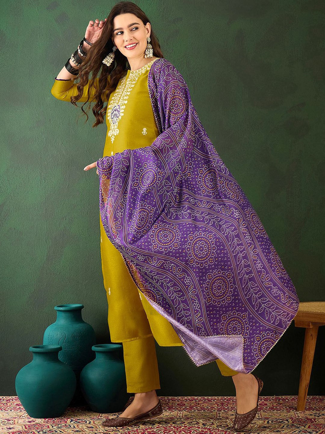 Mustard Embroidered Vichitra Silk Suit Set