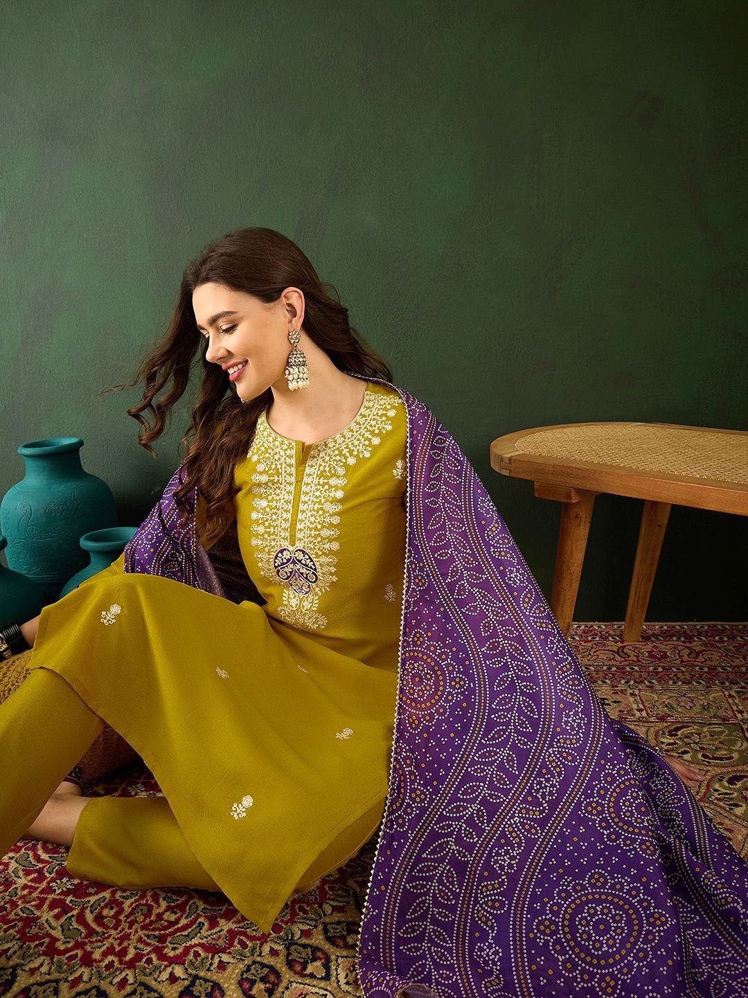 Mustard Embroidered Vichitra Silk Suit Set