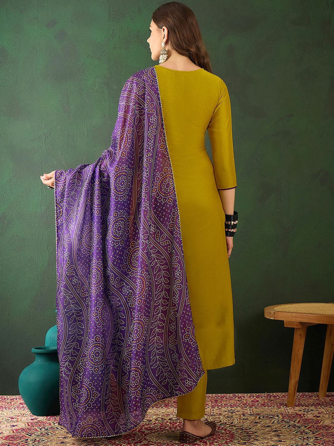 Mustard Embroidered Vichitra Silk Suit Set