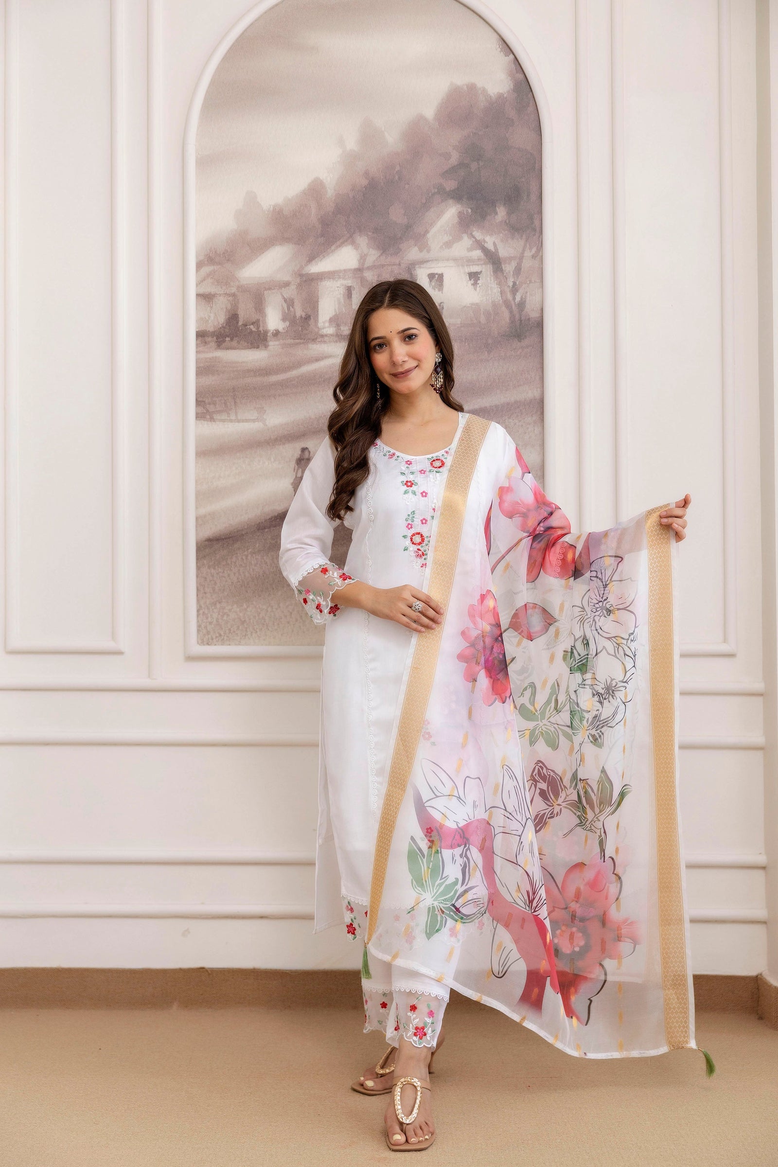 White Embroidered Chanderi Suit Set