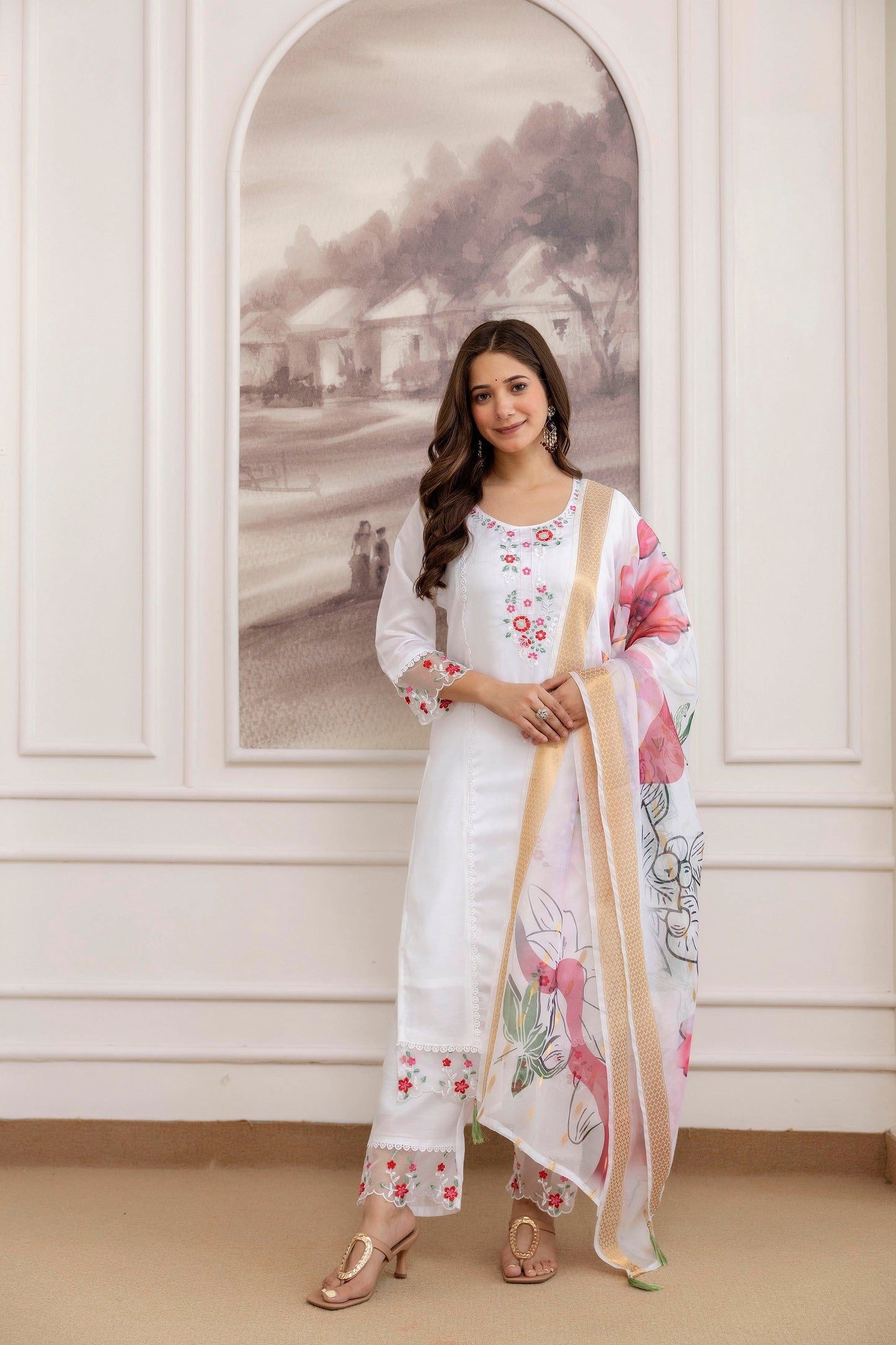 White Embroidered Chanderi Suit Set