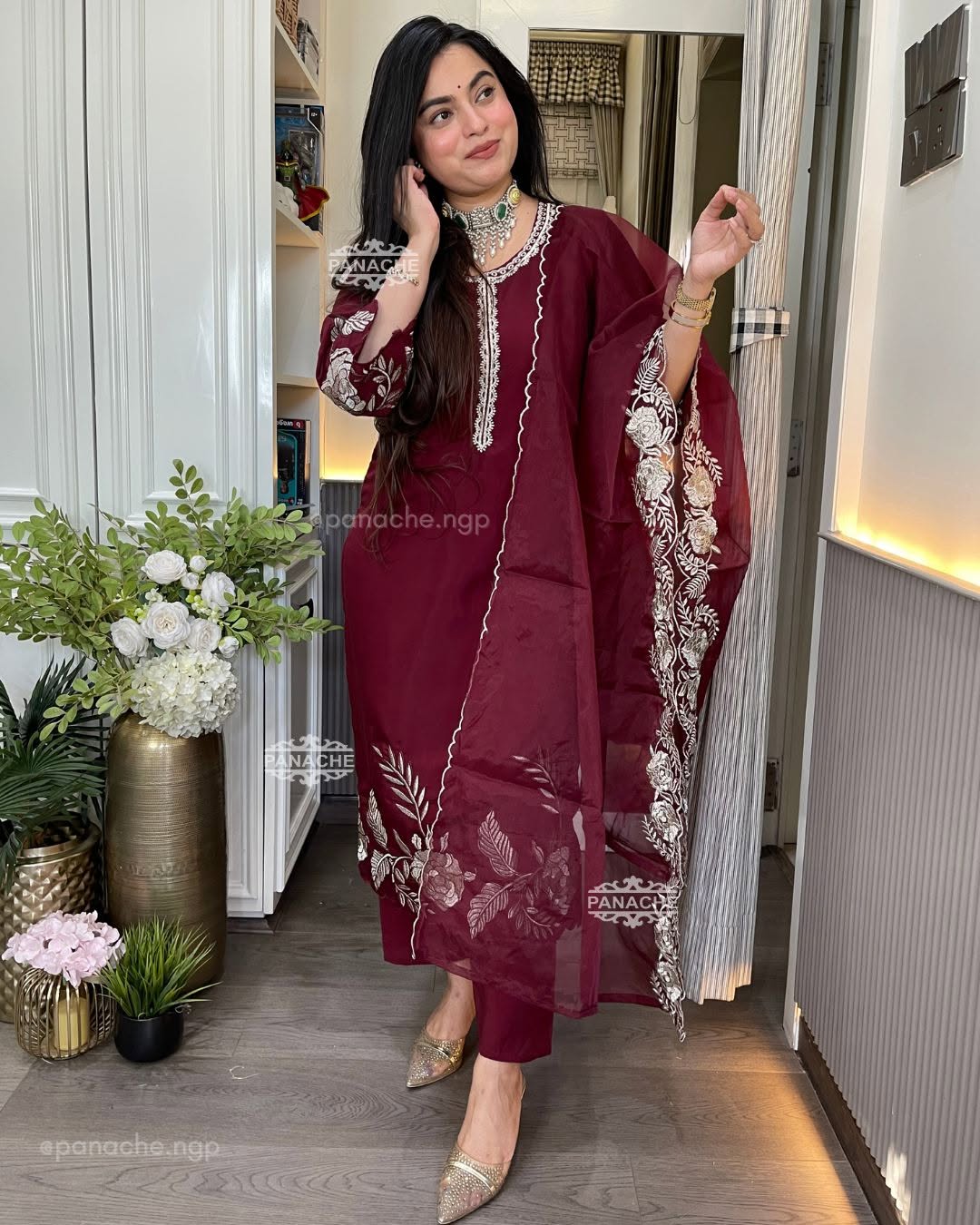 Maroon Mul Chanderi Embroidered Kurta Set