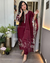 Maroon Mul Chanderi Embroidered Kurta Set