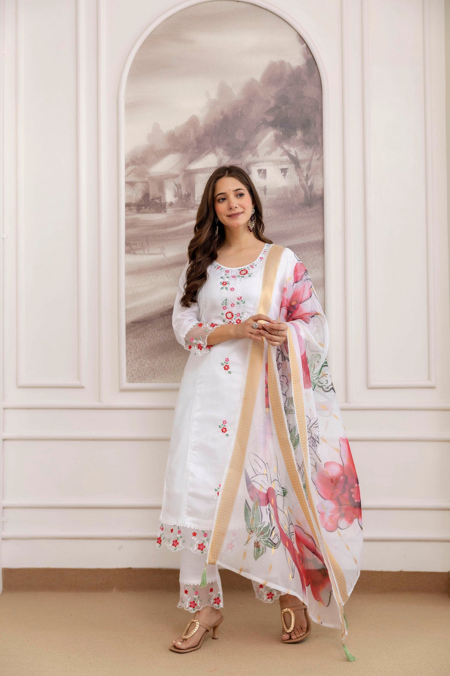 White Embroidered Viscose Chanderi Kurta Set