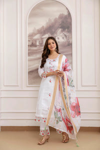 White Embroidered Viscose Chanderi Kurta Set
