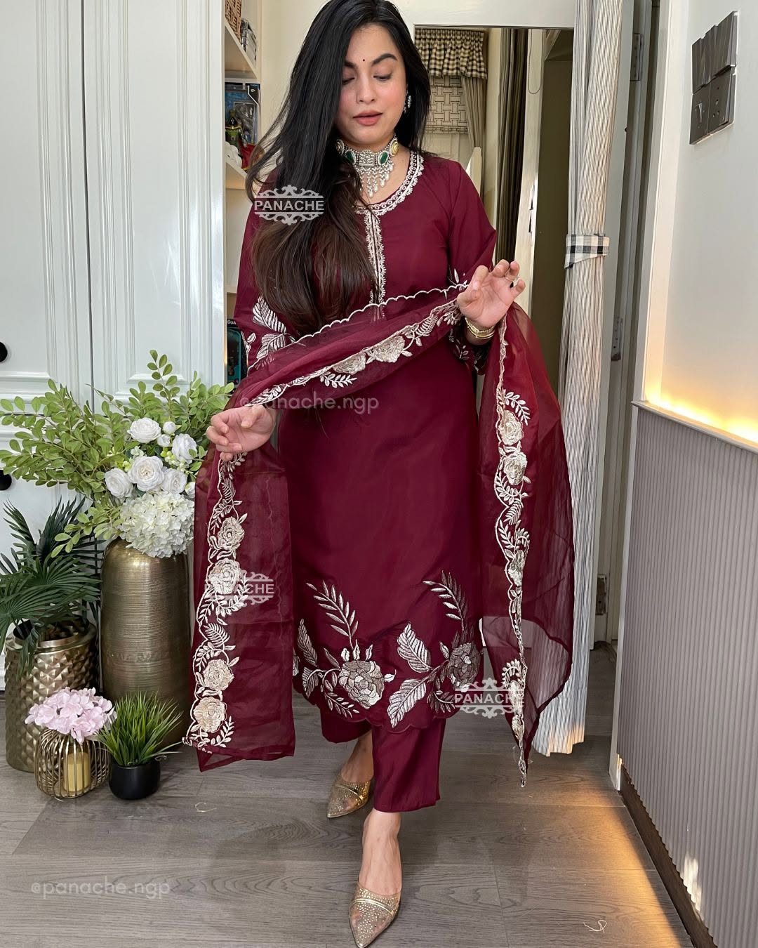 Maroon Mul Chanderi Embroidered Kurta Set