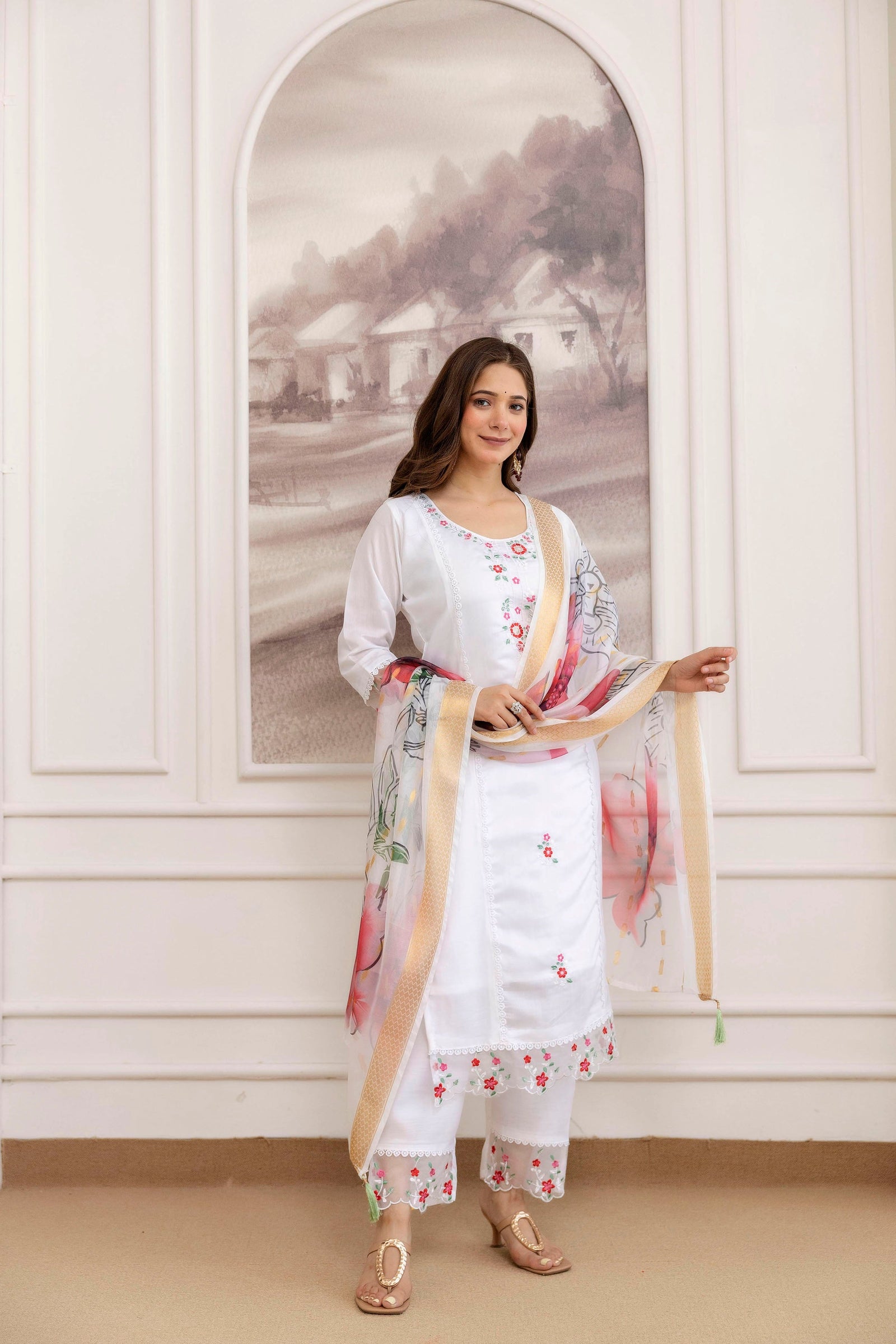White Embroidered Viscose Chanderi Kurta Set
