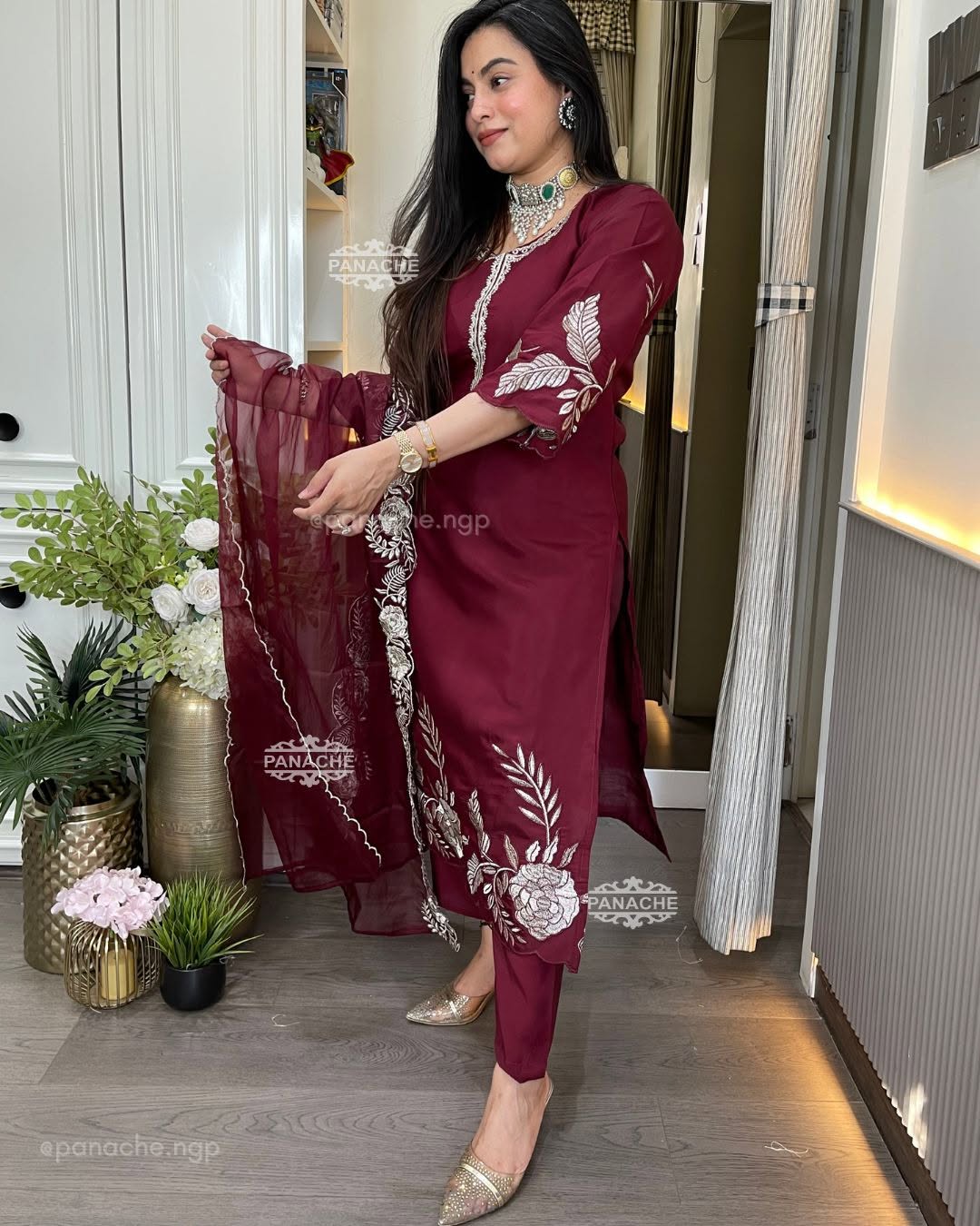 Maroon Mul Chanderi Embroidered Kurta Set