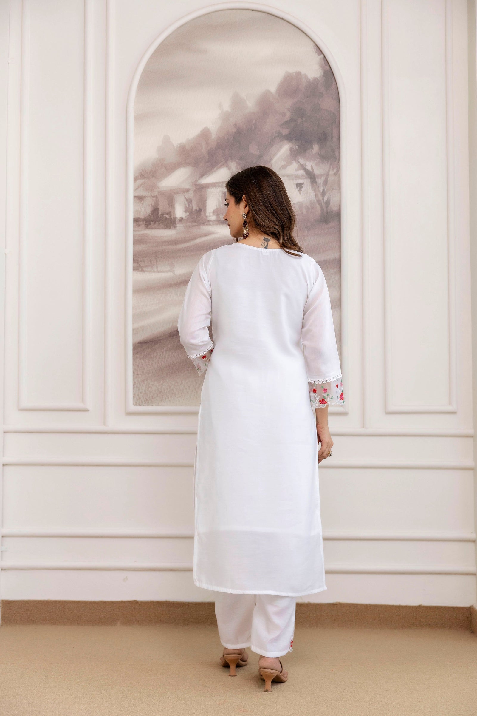 White Embroidered Chanderi Suit Set