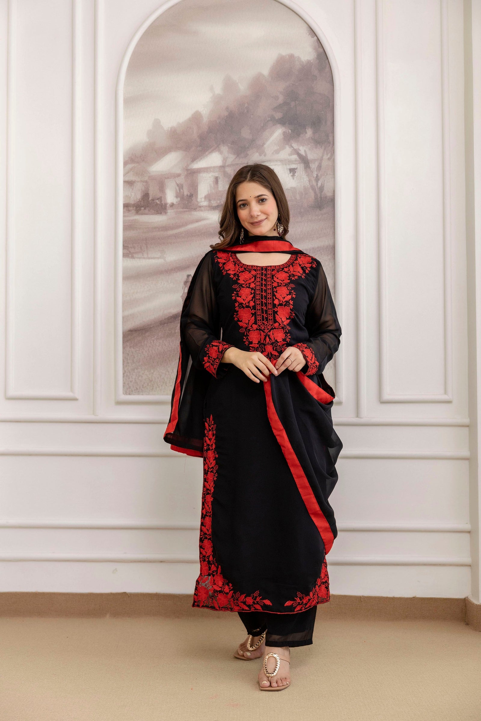 Black Embroidered Fox Georgette Suit Set