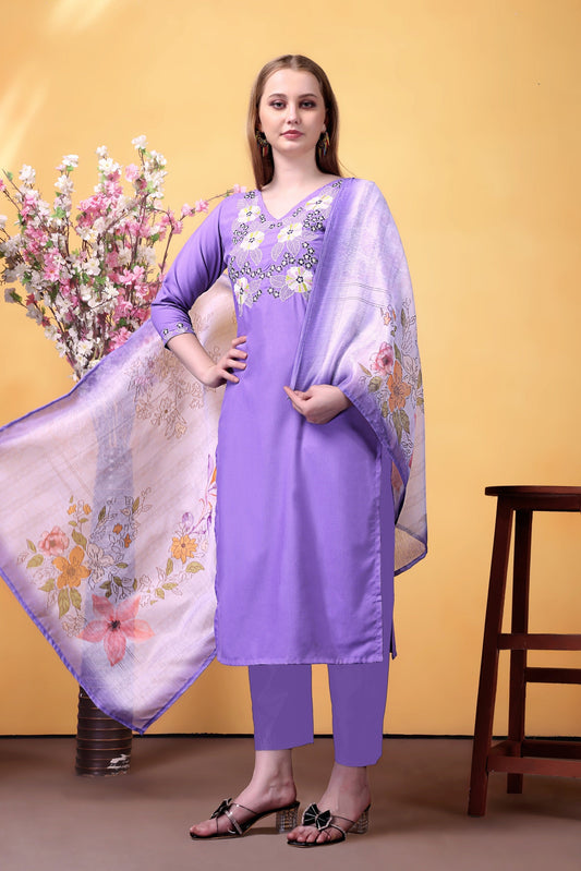 Purple Embroidered Rayon Suit Set