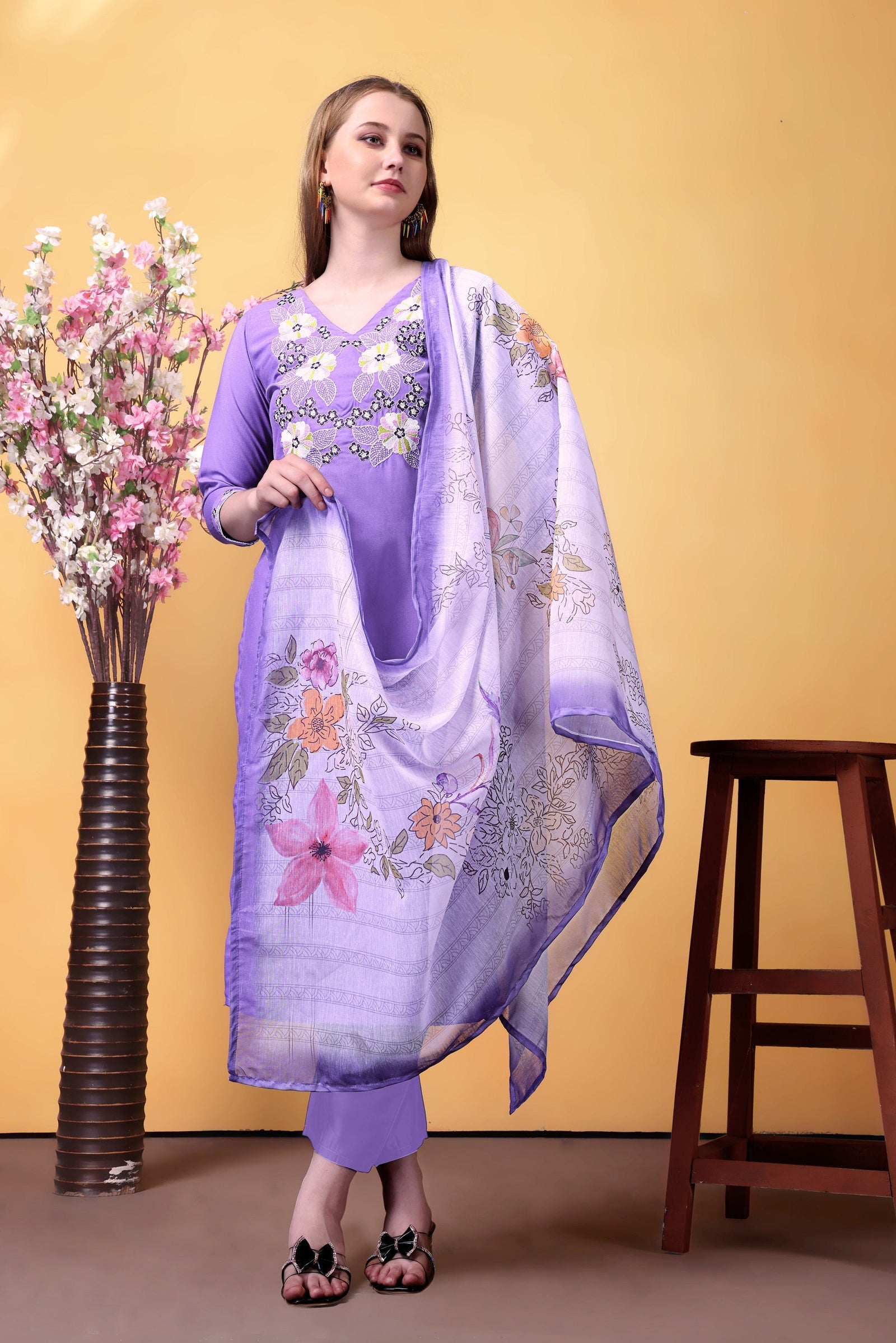 Purple Embroidered Rayon Suit Set