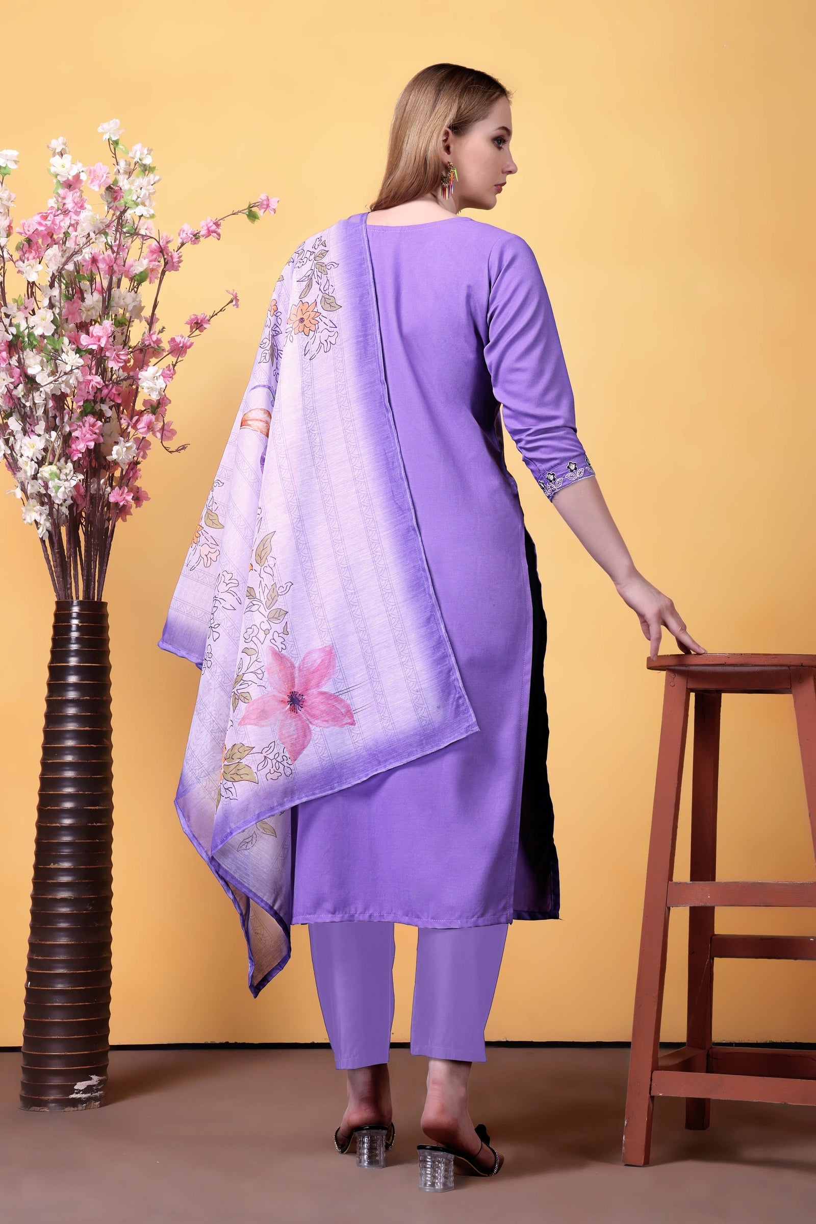 Purple Embroidered Rayon Suit Set