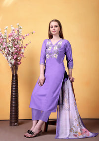 Purple Embroidered Rayon Suit Set