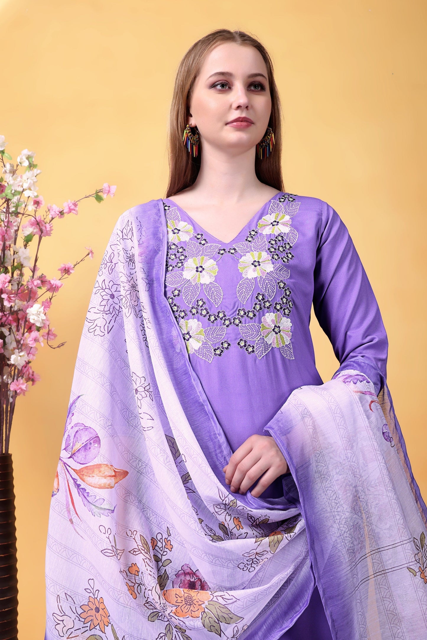 Purple Embroidered Rayon Suit Set