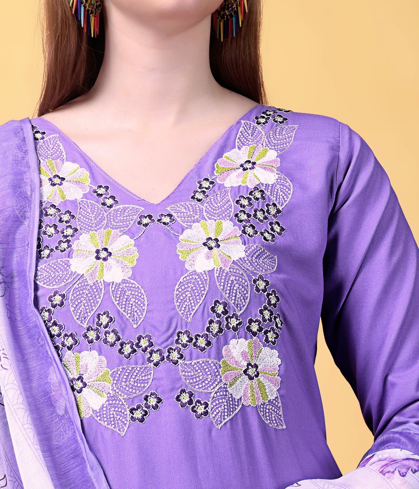 Purple Embroidered Rayon Suit Set
